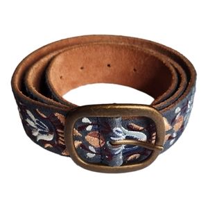 Lucky Brand Embroidered Boho Blue/Burgundy Floral Belt Size M